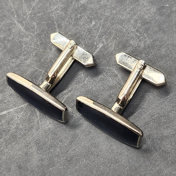 Vintage 80s cufflinks blue tiger eye silver tone almond bullet back Made Germany - Picture 3 of 6